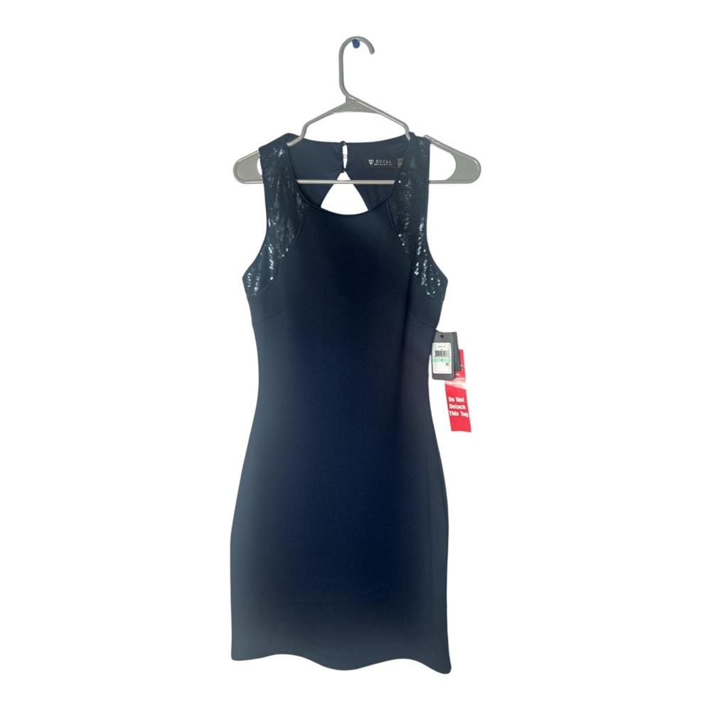 GUESS Navy Blue Sequin Mesh Bodycon Dress Racerback Cutout Size 8 NWT